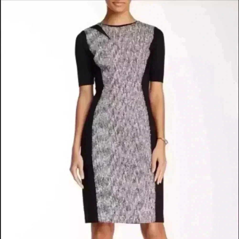 Elie Tahari Axel Tweed Sheath Stretch Midi Dress Glam Party Preppy Black White 2